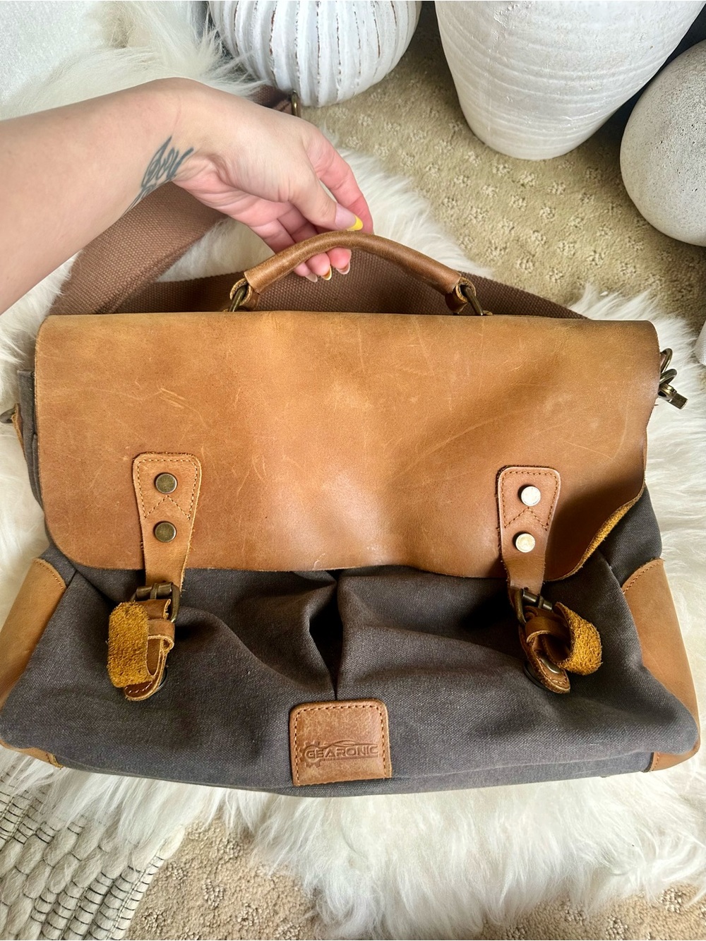 Vintage-Inspired Brown & Tan Canvas Messenger Bag with Leather Flap